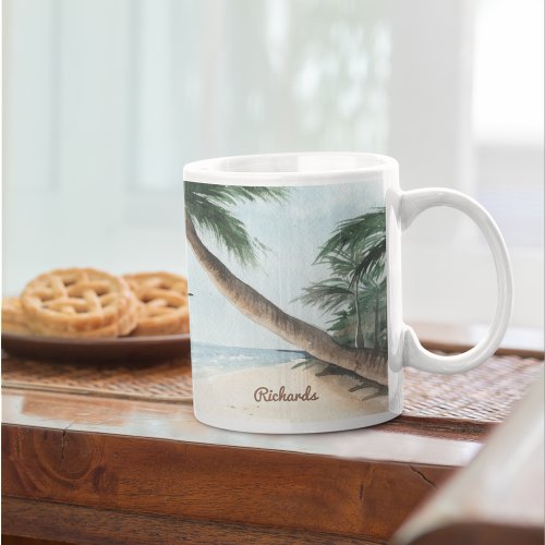 Beach Landscape with Sailboats Watercolor Blue Coffee Mug