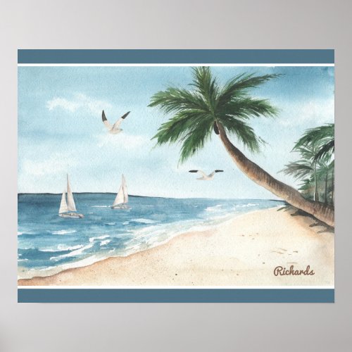 Beach Landscape with Sailboats Watercolor Blue Poster