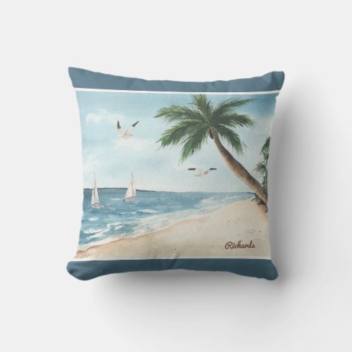 Beach Landscape with Sailboats Watercolor Blue Throw Pillow