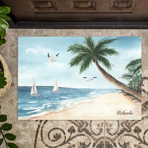 Beach Landscape with Sailboats Watercolor Doormat