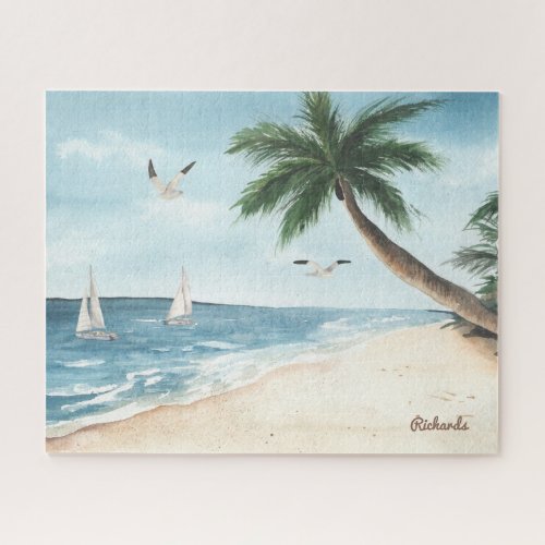 Beach Landscape with Sailboats Watercolor Jigsaw Puzzle