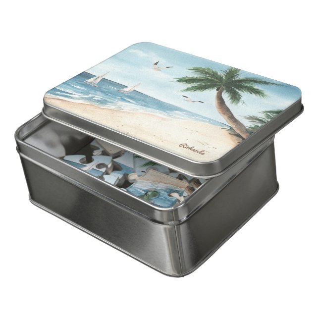 Beach Landscape with Sailboats Watercolor Jigsaw Puzzle (Lid Open)