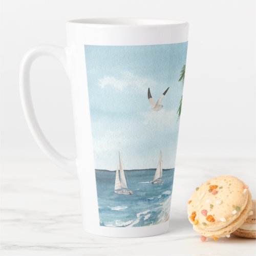Beach Landscape with Sailboats Watercolor Latte Mug
