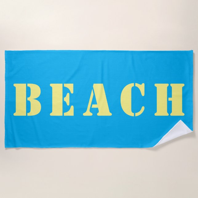 BEACH Large Yellow Stencil Letters on Sky Blue Towel (Front)