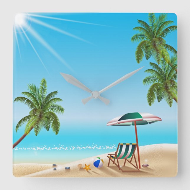 BEACH LIFE. BEACH BALL AND SUN UMBRELLA SQUARE WALL CLOCK (Front)
