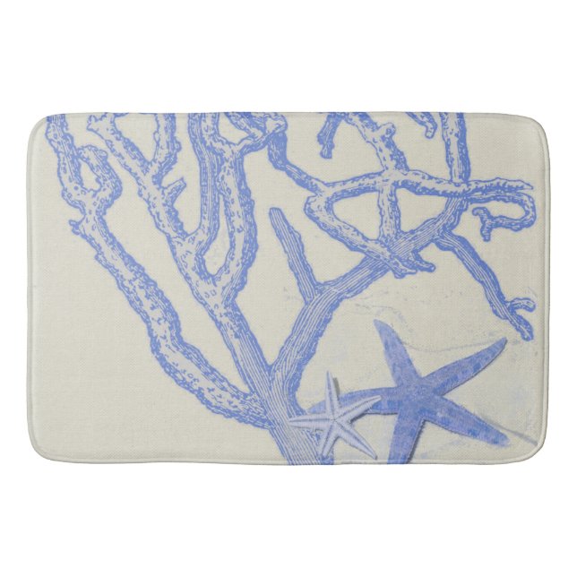 Beach Life Blue Coral Starfish on Cream Bath Mat (Front)