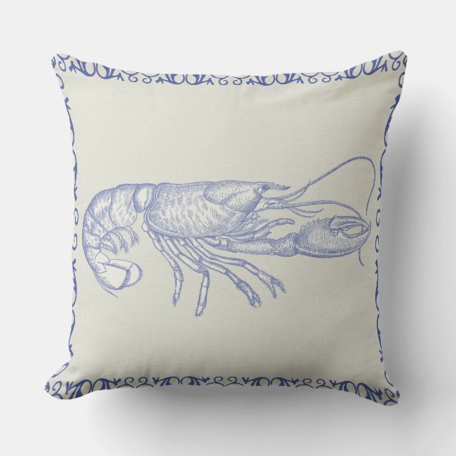 Beach Life Blue Lobster on Cream Throw Pillow (Front)