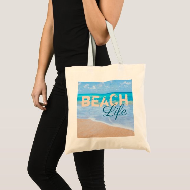 Beach Life. Blue Sky Tropical Paradise Aqua Ocean Tote Bag (Front (Product))