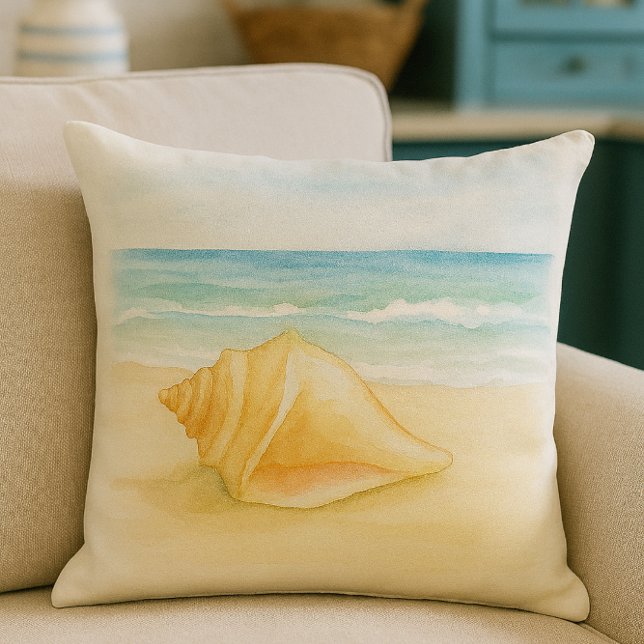 Beach Life Conch Shell Watercolor  Throw Pillow (Beach house decor - Conch shell throw pillow )