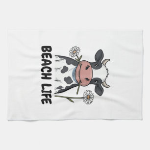 Beach Life Cow Vintage Engraving T-Shirt Design_1 Kitchen Towel