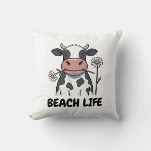 Beach Life Cow Vintage Engraving T-Shirt Design_1 Throw Pillow