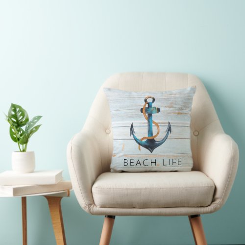 Beach Life Nautical Anchor Coastal Decorative  Throw Pillow