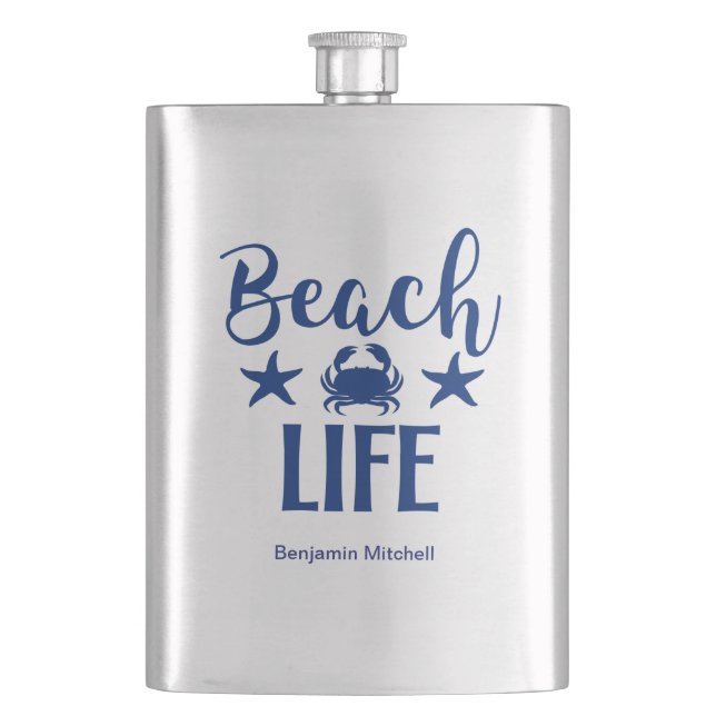 Beach LIFE  Quote Nautical Coastal Summer Navy Flask (Front)