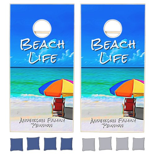 Beach Life Quote Tropical Beach Red Umbrella Chair Cornhole Set