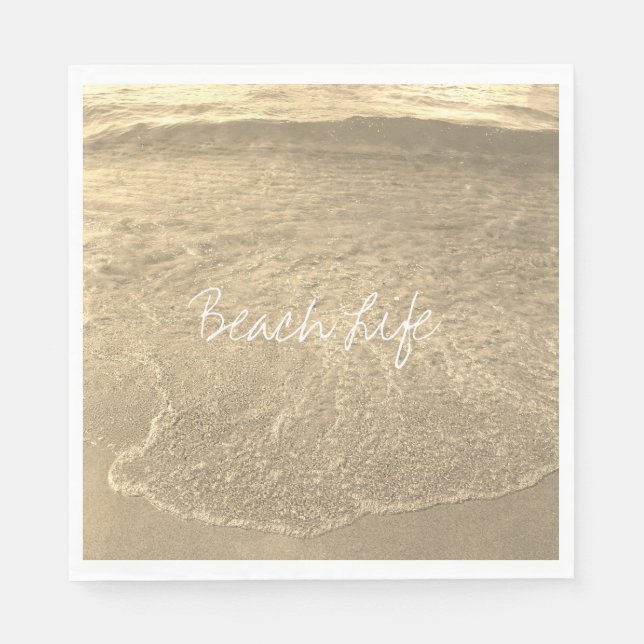Beach Life Quotes Clear Ocean Water Gold Sepia Art Napkins (Front)