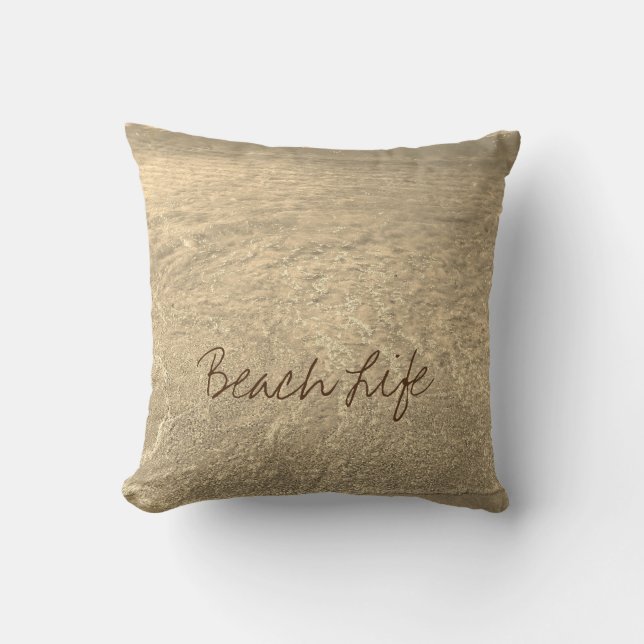 Beach Life Quotes Clear Ocean Water Sepia Gold Art Throw Pillow (Front)