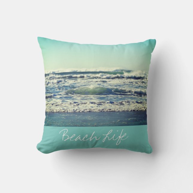 Beach Life Quotes Waves Ocean Coastal Water Blue Outdoor Pillow (Front)