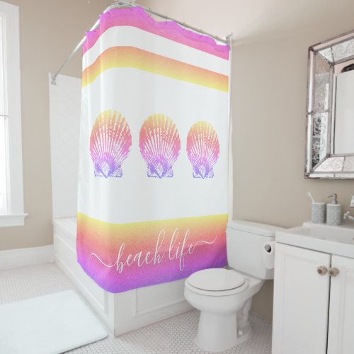 Beach life script modern rainbow ombre seashell shower curtain