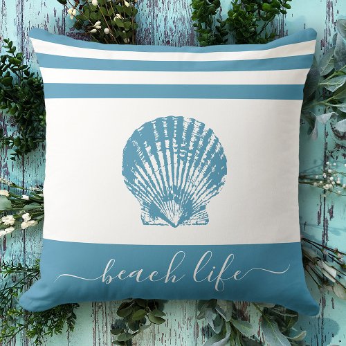 Beach life script modern teal blue seashell chic throw pillow