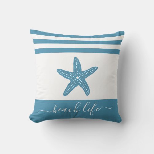 Beach life script modern turquoise teal starfish outdoor pillow