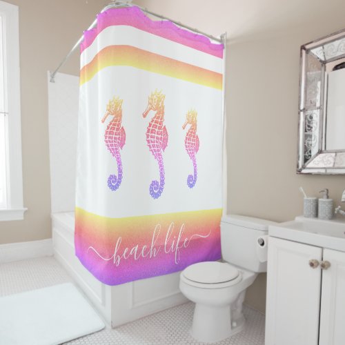 Beach life script pink purple ombre seahorse bold shower curtain