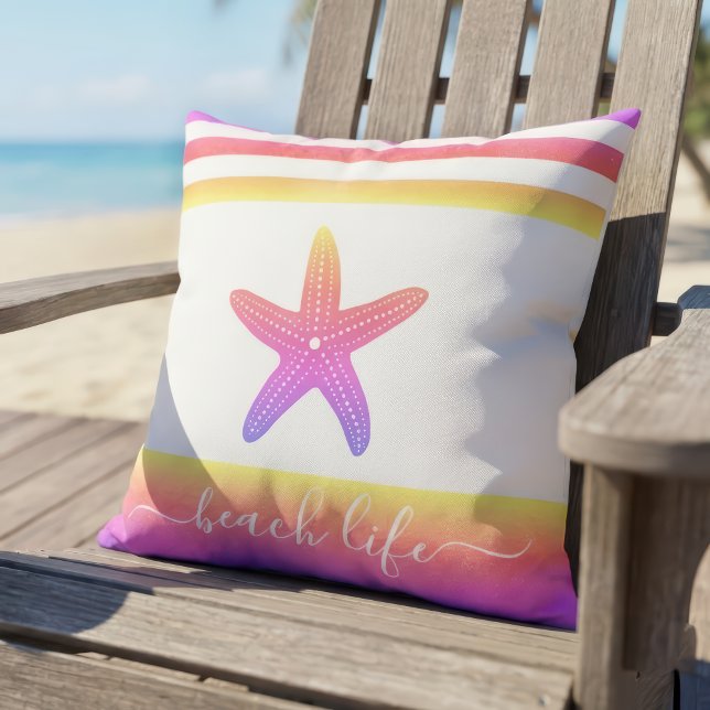 Beach life script purple yellow ombre starfish outdoor pillow (Creator Uploaded)