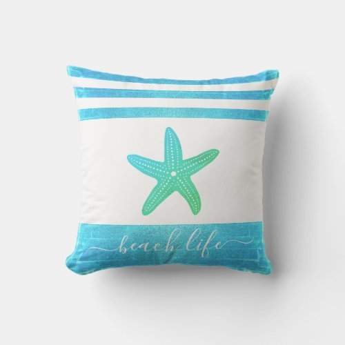 Beach life script turquoise blue green starfish outdoor pillow