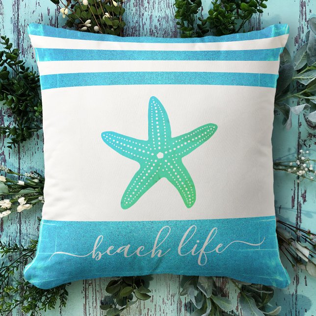 Beach life script turquoise blue green starfish outdoor pillow (Creator Uploaded)