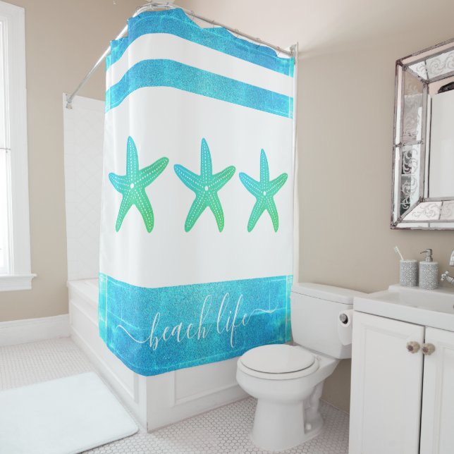 Beach life script turquoise blue ombre starfish shower curtain (In Situ)