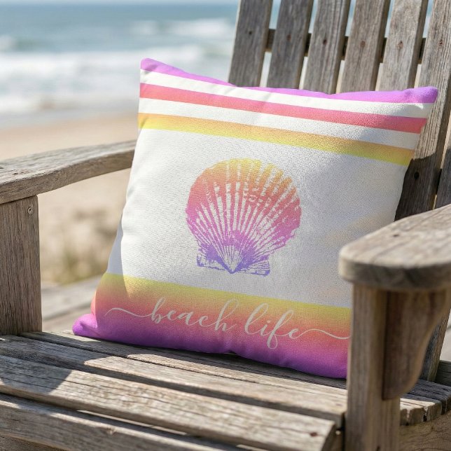 Beach life script yellow pink ombre seashell bold outdoor pillow (Creator Uploaded)
