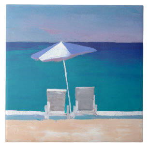 Beach Life - Sunchair and Umbrella at Beach Ceramic Tile