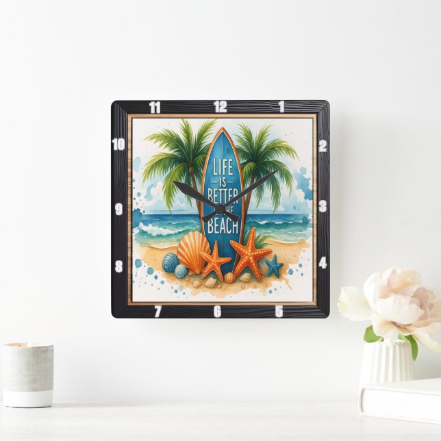 Beach Life Surfboard Palm Square Wall Clock (Home)