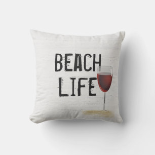 Beach Life Text on Whitewashed Wood Outdoor Pillow