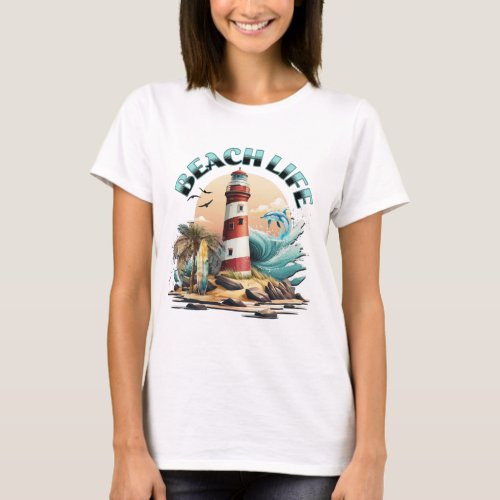 Beach Life  Tropical Beach and Lighthouse  T_Shirt