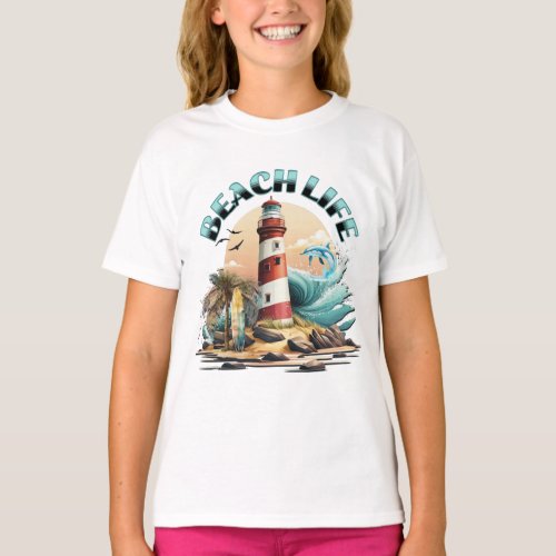 Beach Life  Tropical Beach and Lighthouse  T_Shirt