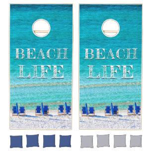 Beach Life Tropical Beach Blue Umbrella Chairs Cornhole Set