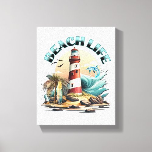 Beach Life  Tropical Lighthouse Art Canvas Print