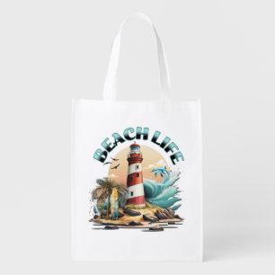 Beach Life Tropical Lighthouse Art Grocery Bag