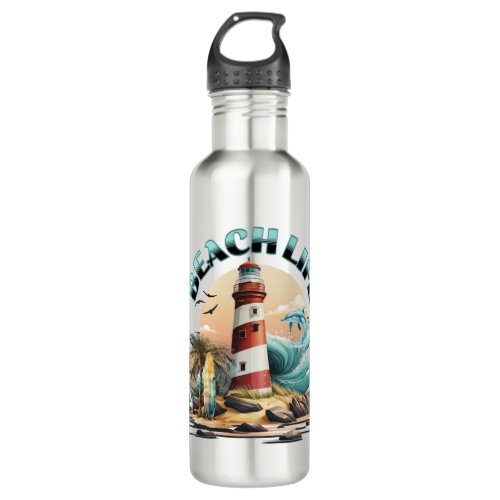 Beach Life Tropical Lighthouse Stainless Steel Water Bottle