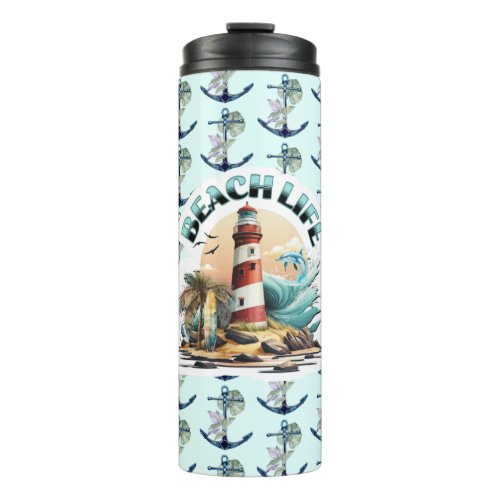 Beach Life Tropical Lighthouse Thermal Tumbler