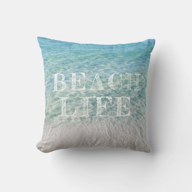 Beach Life Tropical Sandy Beach Turquoise Blue Throw Pillow (Front)