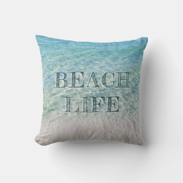 Beach Life Tropical Sandy Beach Turquoise Blue Throw Pillow (Front)