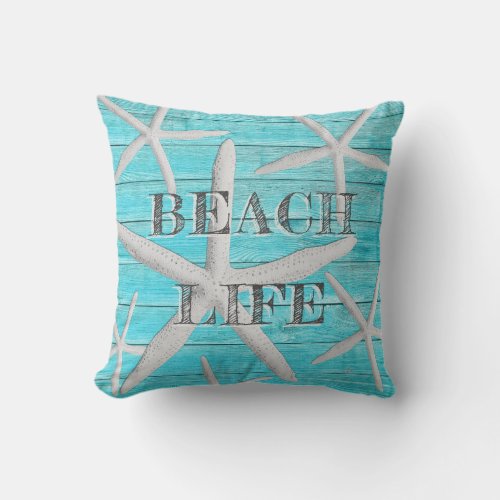 Beach Life Tropical Starfish Turquoise Wood Planks Throw Pillow
