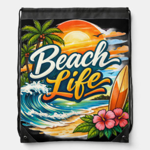 Beach Life – Tropical Sunset Surf Drawstring Bag
