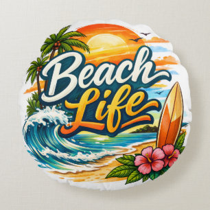 Beach Life – Tropical Sunset Surf Round Pillow