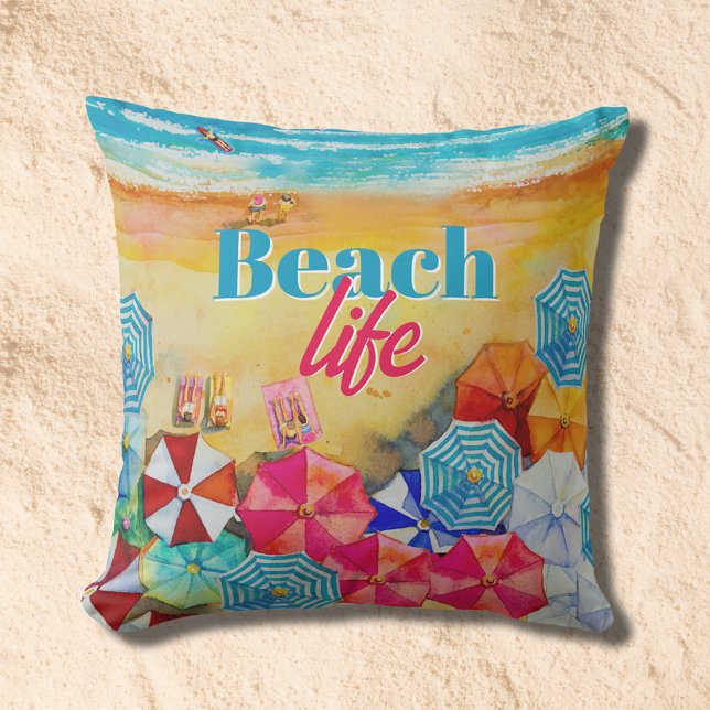 Beach Life Umbrellas in Sand Outdoor Pillow (Beach Life Umbrellas in Sand Pillow (select outdoor or indoor fabric))