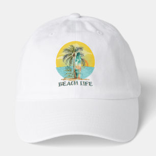 Beach Life Vintage Sunset Palm Tree Surfboard Hat
