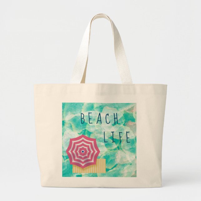 Beach Life with Beach Umbrella Large Tote Bag (Front)