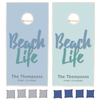Beach Life with name and location Cornhole Set