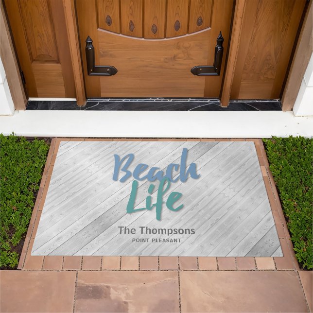 Beach Life with name and location wooden dock Doormat (Outdoor)